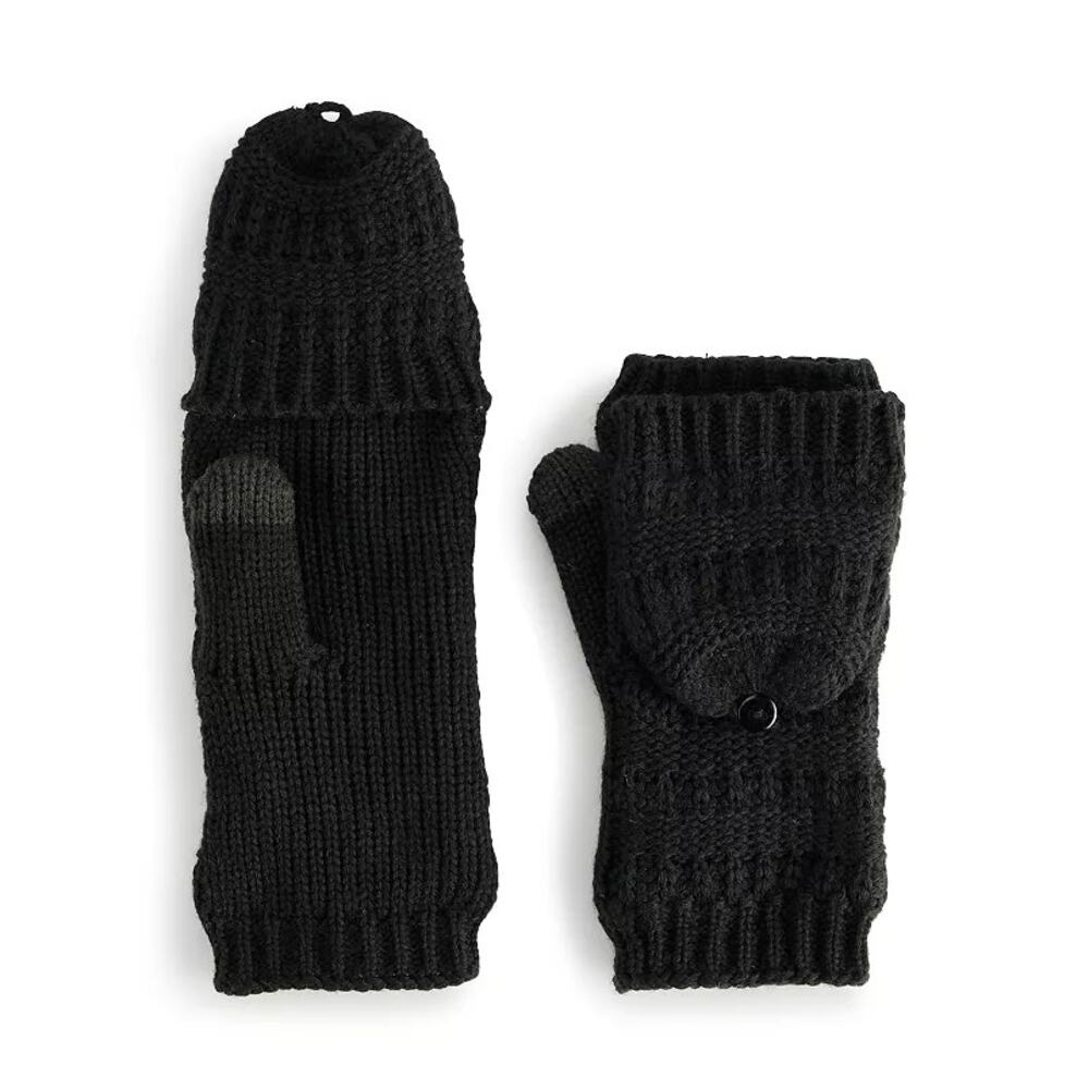 NWT Sonoma Goods For Life Black Ladder Stitch Flip Top Mittens Women's One Size